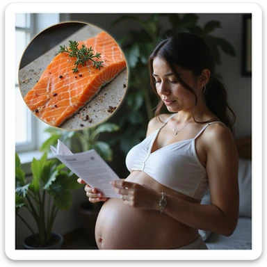 realistic pregnant woman in 4K reading informational brochure about risks of raw salmon in pregnancy with enlarged image of parasites in salmon sticker