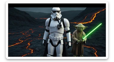 Cinematic still, Shot on vlog camera, Starwars stormtroopers vlogging , he is walking on lava planet with yoda sticker