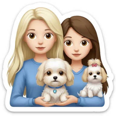 two women holding Maltese dog one is brunette the other is blonde long haired  sticker