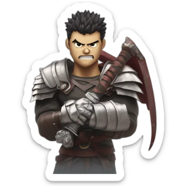 angry berserk guts carrying a huge sword on his shoulder framed on his bust sticker