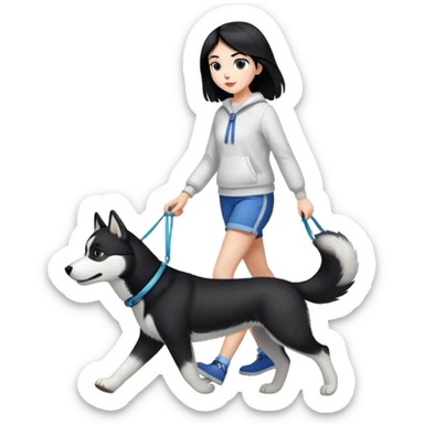 A black-haired girl walking a black and white husky sticker