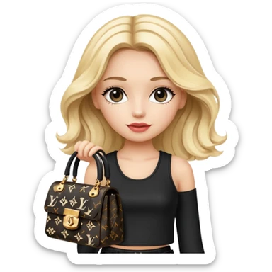 long wavy blonde girl inspired by Chloe from Bratz, wearing a Chanel logo two-piece black and white outfit, carrying a Louis Vuitton bag, emoji style sticker