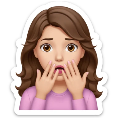 girl with wavy long brown hair, brown eyes, light to medium complexion, long lashes, light pink lipstick, wearing light pink shirt, shocked, hand covering mouth sticker