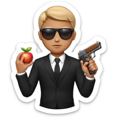 Apple emoji style, black-suited special agent wearing sunglasses, holding a gun sticker
