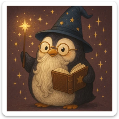 a chubby penguin wizard with glasses, a long beard, and a spellbook, surrounded by sparkles sticker