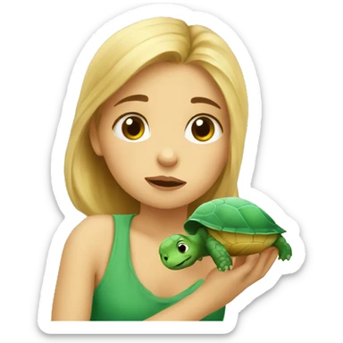 European girl kisses little turtle sticker