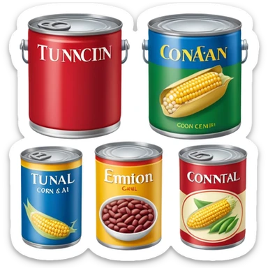 Four different canned food items in a row, soup can, beans can, corn can, tuna can sticker