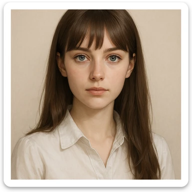 female character, fair skin, brown hair long and straight with bangs, blue-grey eyes, white blouse, minimal background sticker