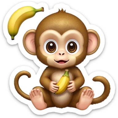 extremely adorable kawaii baby monkey with huge sparkly eyes peeling a banana sticker
