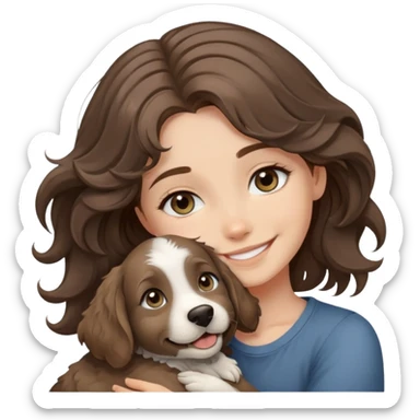 girl with Grey eyes, wavy brown hair, smile hugging a dog that looks like labradorite  sticker