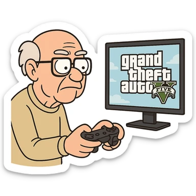 an old man with glasses holding a video game controller, focused in front of a screen displaying GTA V, cartoon style sticker
