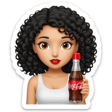a pretty tan bratz girl with black curly hair drinking coca cola. no makeup. white top sticker