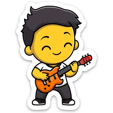 Musician's head and shoulders only, confident facial expression with half-closed eyes, subtle knowing smile, rockstar appearance, contemplating future success, no instruments sticker