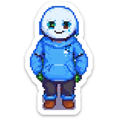 Sans from Undertale, pixel art, winking, glowing blue left eye, casual stance sticker