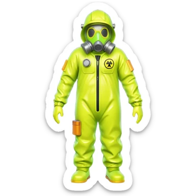 3D render of Hazmat Suit, toxic waste aesthetic, neon green bubbling liquid, caution yellow metal, industrial warning texture. sticker