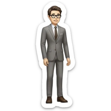 Full height Pale skinned Fit Man With dark brown hair in classic gray suit, beige office shirt, dark gray tie, and vintage glasses. His hands lock sticker