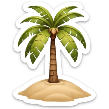 A 3D cartoon coconut palm tree with coconuts near the top and a sandy base, tropical light setting, Memoji-style realism. sticker