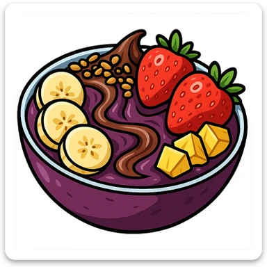 acai bowl with banana, strawberries, Nutella, pineapple, and granola, cartoon style, bright colors, detailed toppings sticker