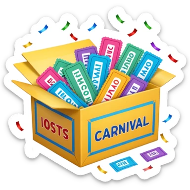 a box with the words "carnival pack" with tickets as a bundle, confetti in it etc  sticker