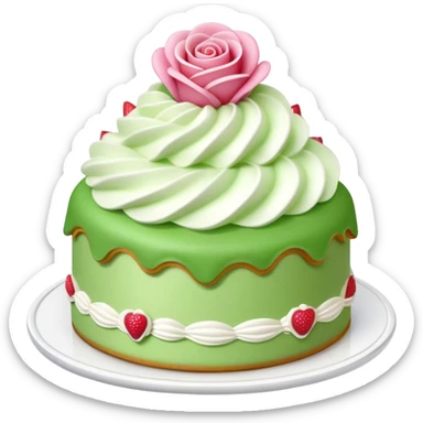 prinsesstårta cake with green marzipan on top, with a pink marzipan rose on top. Whipped cream, vanilla cream and strawberry jam inside sticker