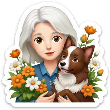 A white-haired woman holding a brown Border Collie in the flowers sticker