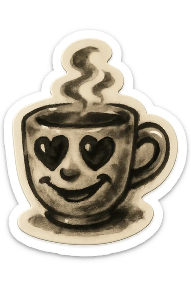 Ink wash style, coffee cup creature, big heart eyes, dopey smile sticker