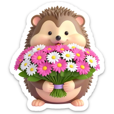 Draw a cute hedgehog holding a large bouquet of pink and white daisies in a 3D iOS 18 emoji style, with a soft, rounded, and glossy look. Keep the background simple and light. sticker