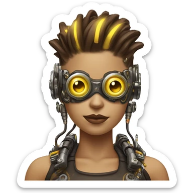 Brown with yellow streaks Mohawk hair female cyborg head, tan skin, steampunk goggles and circuits sticker