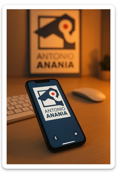 A photo of an iPhone on the desk with the logo of "Antonio Anania" on its screen, The phone sits atop a desk with a blurred with the logo in the background that suggests work environment. A faint glow from above casts gentle shadows across the surface of each object, creating depth and highlighting their textures sticker