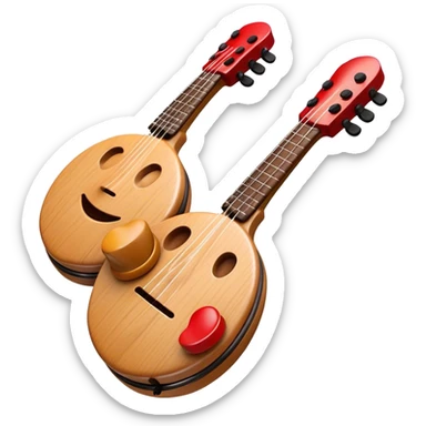 Create a lively and rhythmic emoji representing castanets. The design should feature the iconic wooden or plastic castanets with a glossy finish, held in an open position to showcase their shape. Include subtle details like the grooves or carvings on the castanets to reflect their craftsmanship. Add musical notes or small soundwaves around them to suggest the percussive sound they produce. Use warm, earthy tones like brown, tan, and red to evoke their traditional, vibrant feel. The background should be transparent. sticker