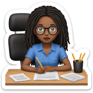 Black female with dark dreadlock hair and large round glasses with a desk full of papers sticker