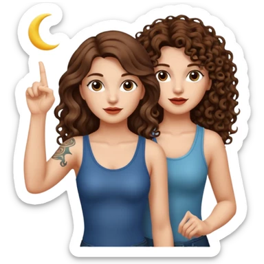 moon symbol discovery — long wavy brown hair tattooed woman and short tight curly brown hair woman — pointing up sticker