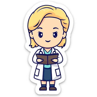 blonde female doctor in white coat with clipboard sticker