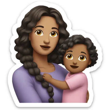 woman with straight Brunette hair and fair skin holding a girl toddler with curly black hair sticker