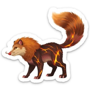 Hyper realistic  ember-rust copper fur molten with glowing magma seams and smoky tips beautiful elegant pretty precious cute  Fakémon-Pokémon-opossum-feline-serval-caracal-chinchilla-Furret-Minccino-hybrid-creature with a big fluffy bushy tail (full body) sticker