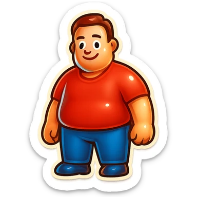 Add a shirt and trousers to the short, stocky man emoji, keep the style and cheerful expression, no background. sticker