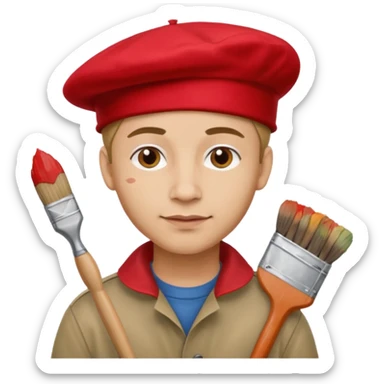 man artist with red beret and painter sticker