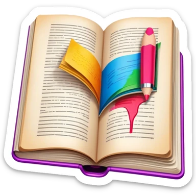 Colorful illustration icon, half-drawn scene in an open book, marker strokes, vivid colors, minimalistic design, book pages with partially completed artwork, transparent background. sticker