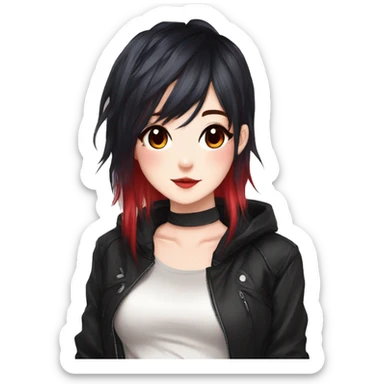 Gorgeous anime style lady with blushing face aesthetic and pretty edgy black red punk hair with hair garment trending style sticker