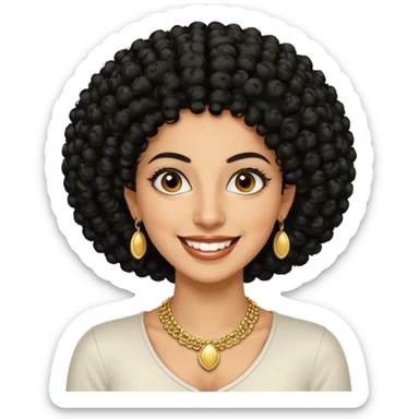 30 year old iranian woman very short curly black hair, big brown eyes, tanned skin, big smile, white teeth, pretty, afro sticker