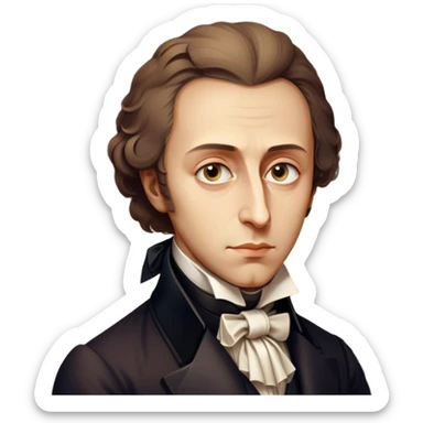 Cinematic Realistic Chopin Portrait Emoji, depicted as an introspective composer with expressive eyes and period attire, rendered with rich textured detail and soft classical lighting that captures his emotive musical genius. sticker