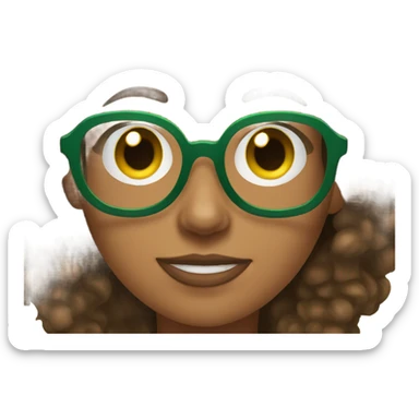 women with brown curly hair and green glasses son her phone sticker