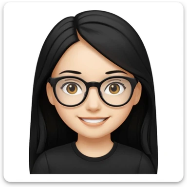 Uzun Siyah, uçları çok hafif sarı düz saçlı , gözlüklü, eyelinerli siyah tişörtlü gülümseyen bir kız emojisi yap sticker