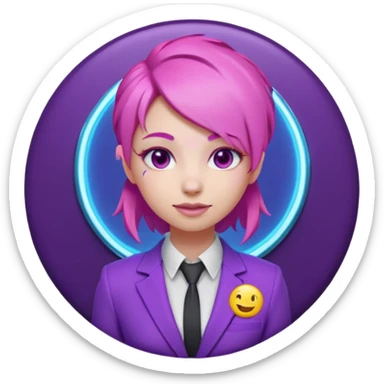 Cute 3D emoji-style girl sexy character with pink hair and purple eyes, inside a circular badge. No hands, no pose. Clean purple suit with a glowing neon-blue ‘C’ logo on the chest, small lightning accent. Smooth Apple-style lighting, friendly expression sticker