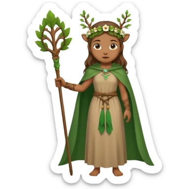 doe dressed as a druid, flower crown, green cape, full body icon sticker