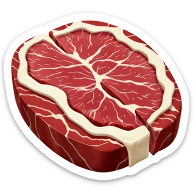 raw chuck steak, beef, irregular oval, deep red, creamy white fat, marbling, connective tissue, fresh, moist, thick, no plate, knife, garnish, soft lighting, emoji scale sticker
