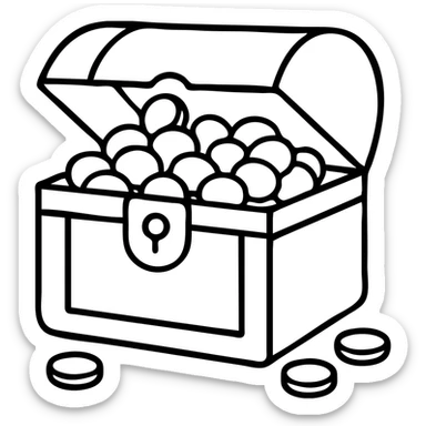 Make the purple and teal rewards chest open with coins spilling out, no background, outlined style. sticker