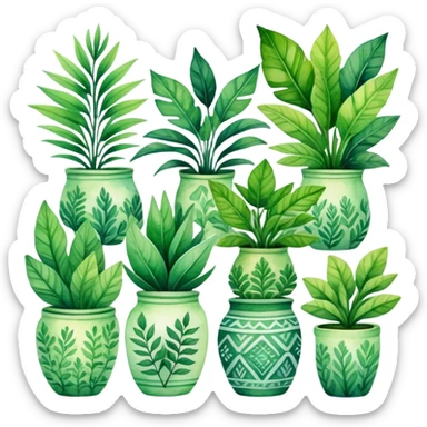 A stylized collection of leafy green plants in boho-inspired pots, arranged artistically in a watercolor painting. sticker
