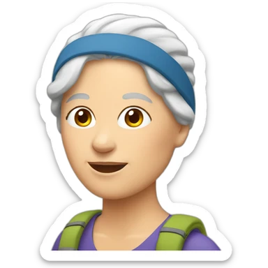 white older woman hiking with headband sticker