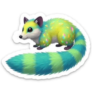  cute adorable yellow-green-turquoise-gradients albino fur with random colorful iridescent rainbow markings beautiful elegant pretty precious cute  Fakémon-Pokémon-opossum-feline-serval-caracal-chinchilla-Minccino-hybrid-creature with a big fluffy bushy striped tail (full body) sticker